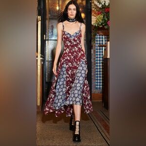 Cinq à Sept Burgundy and Blue High Low Dress